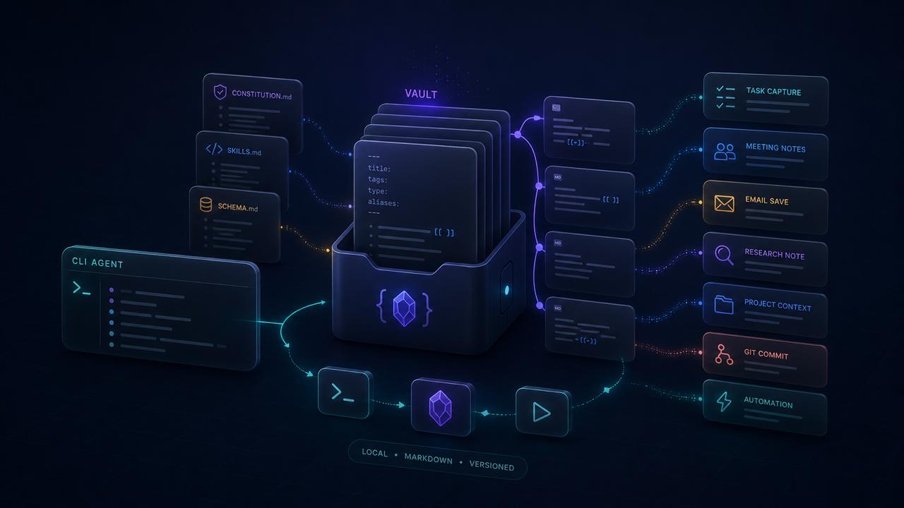 CLI Agents + Obsidian guide hero showing a CLI agent feeding a versioned markdown vault that produces tasks, meeting notes, email saves, research notes, project context, git commits, and automations