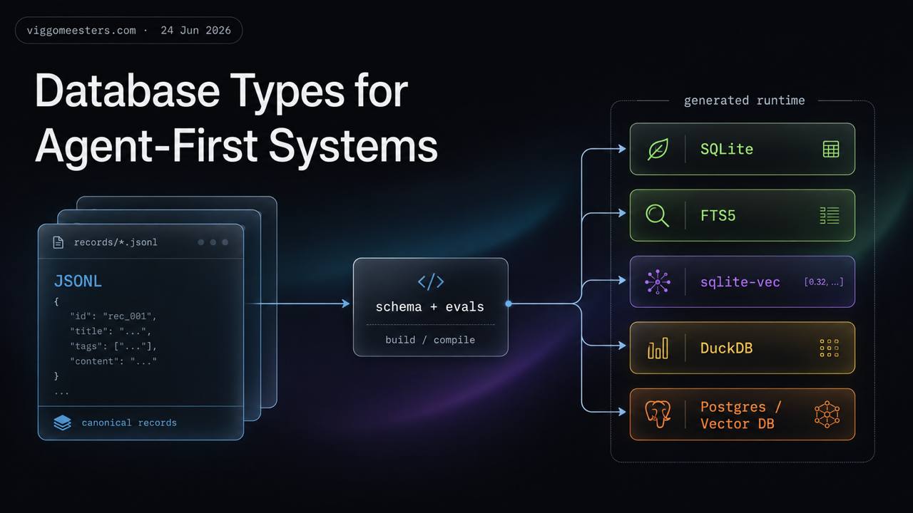 Database Types for Agent-First Systems hero showing JSONL records compiled into SQLite, FTS5, sqlite-vec, DuckDB, Postgres, and vector database runtime surfaces