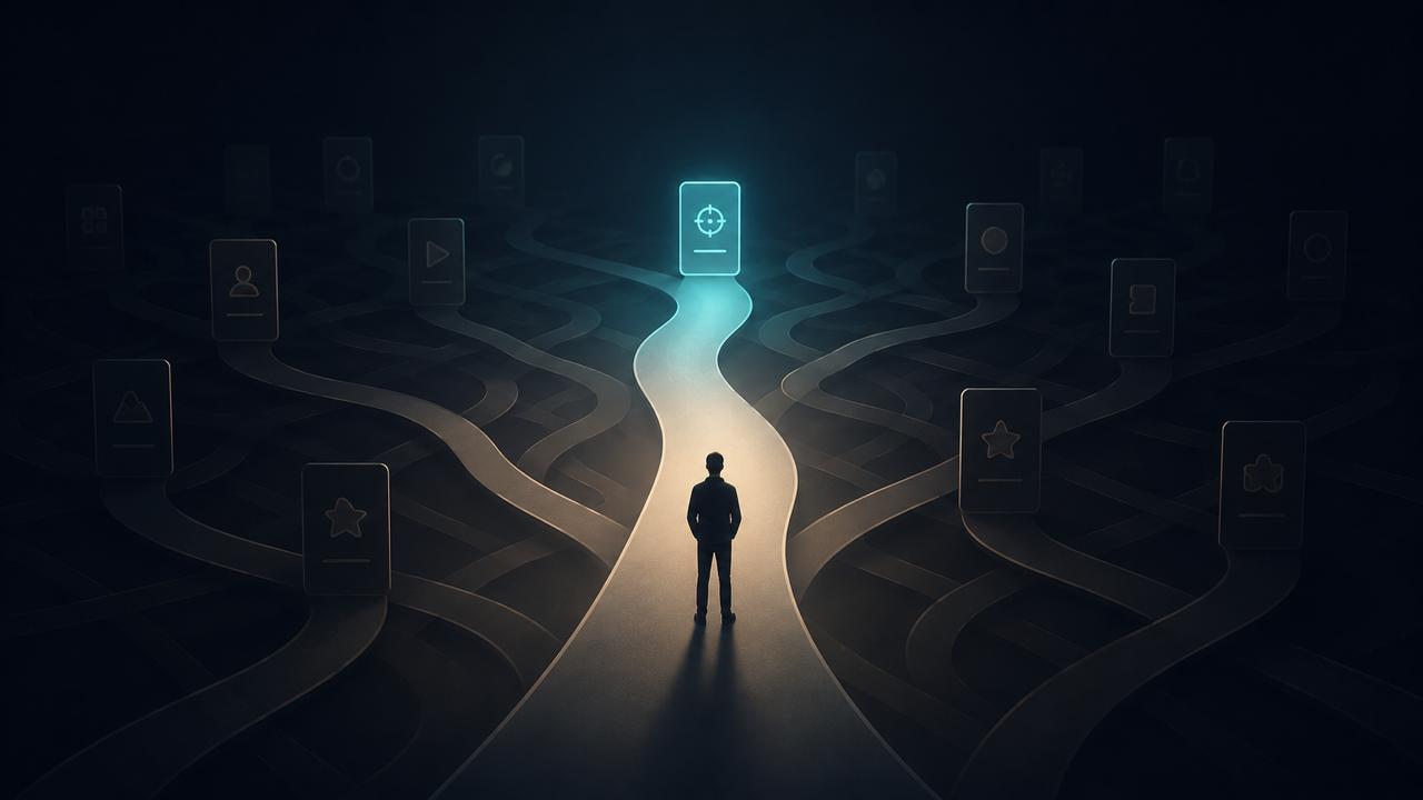 FOCI hero illustration showing a person facing branching decision paths with one glowing target ahead