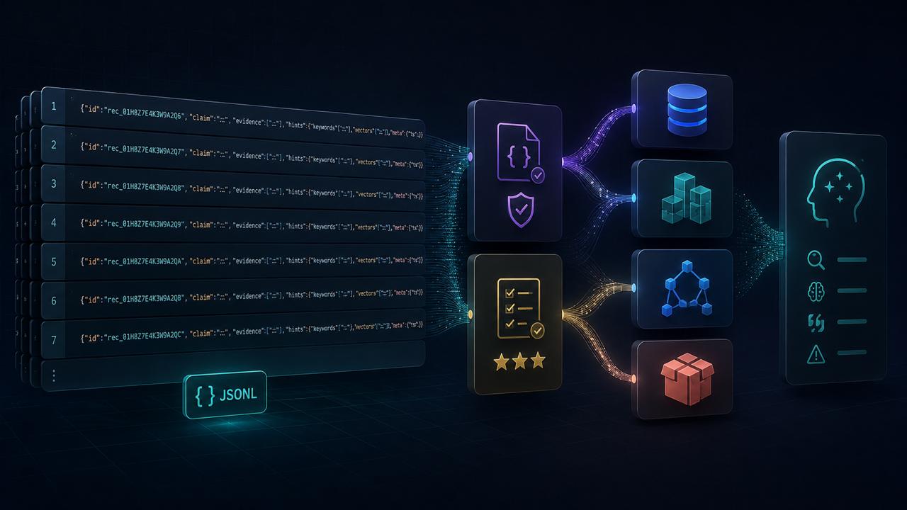 JSONL article hero showing canonical JSONL records compiled through schema and evals into SQLite, FTS5, sqlite-vec, DuckDB, and Postgres runtime artifacts